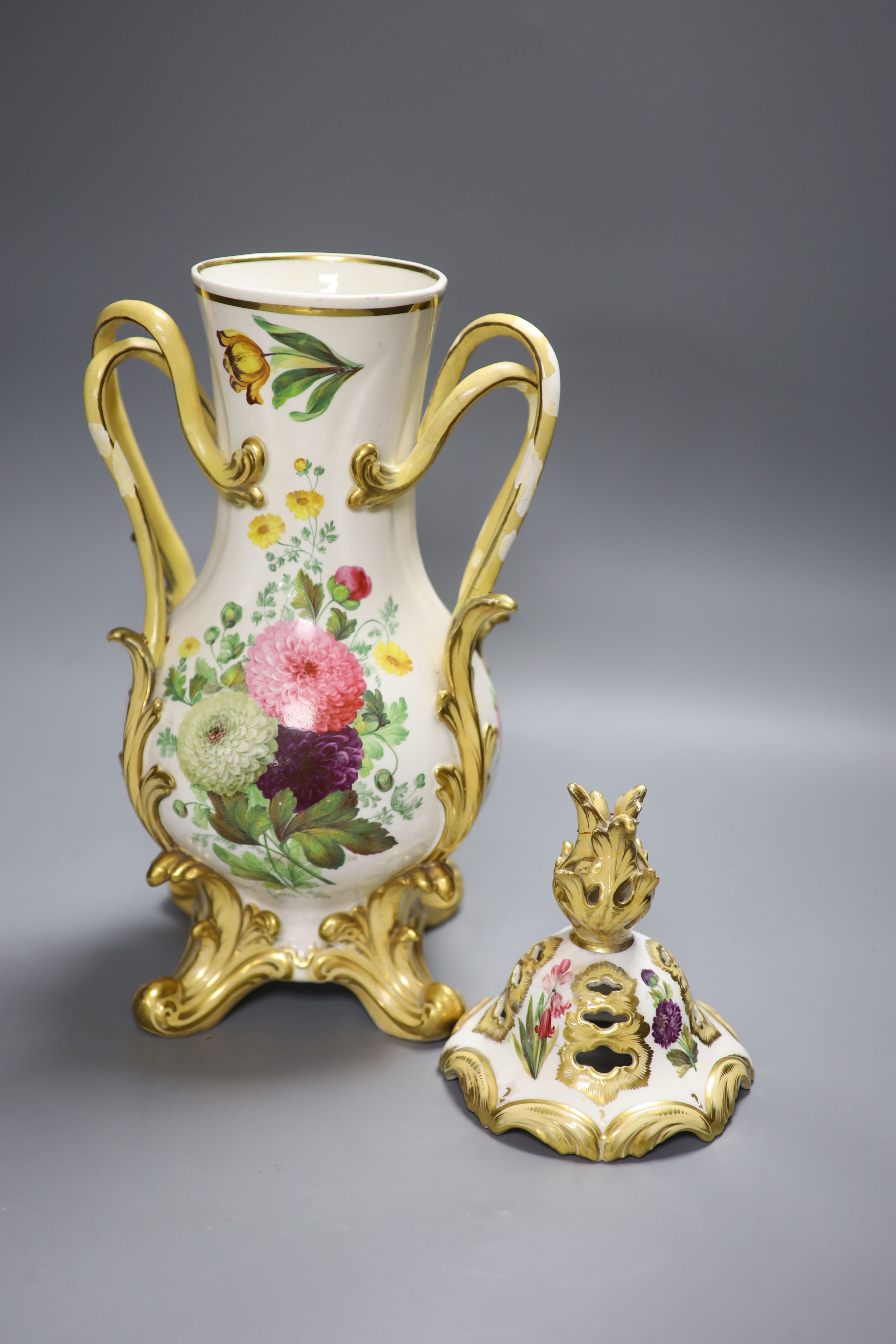 A Victorian porcelain floral painted vase and cover (a.f.), height 44cm
